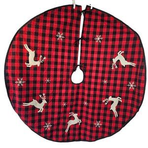 Hobby Lobby Christmas Tree Skirt Embroidered Reindeer Red Buffalo Check 52"D NEW